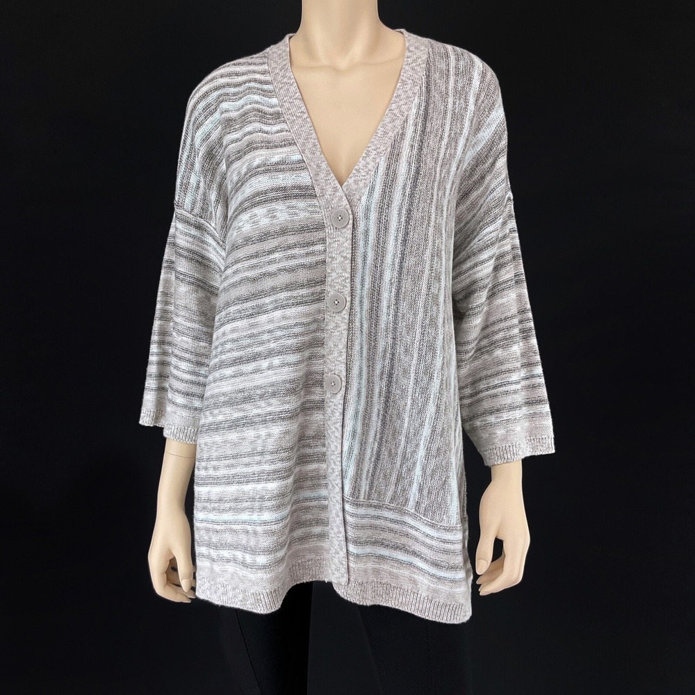 J Jill Sweater Women Small Gray Cardigan Button 3/4 Sleeve Stripe NWT